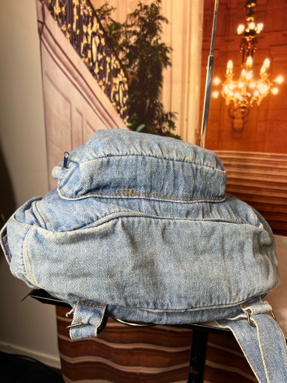Vintage Gitano Blue Denim Backpack, top zip, front zip compartments, side pocket - Picture 11 of 15